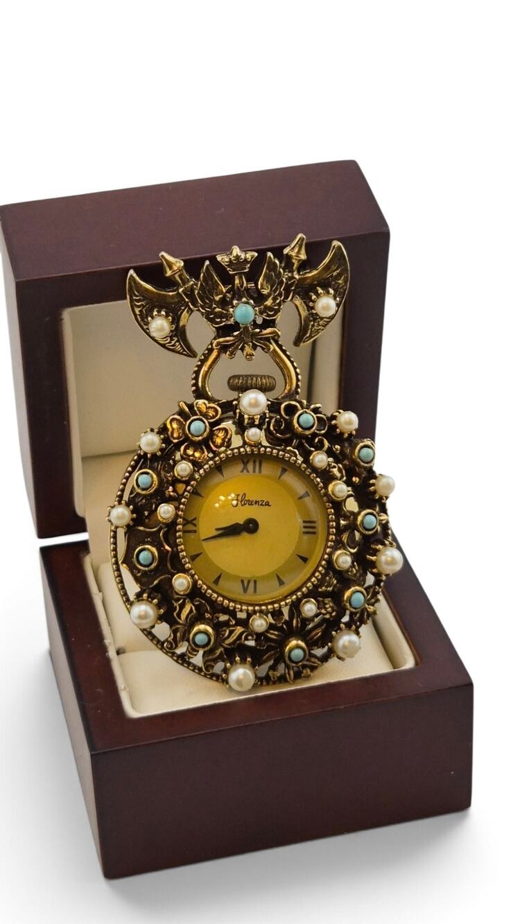 Vintage Florenza Working Watch Brooch Faux Pearl Blue Cabochon Heraldic Pin